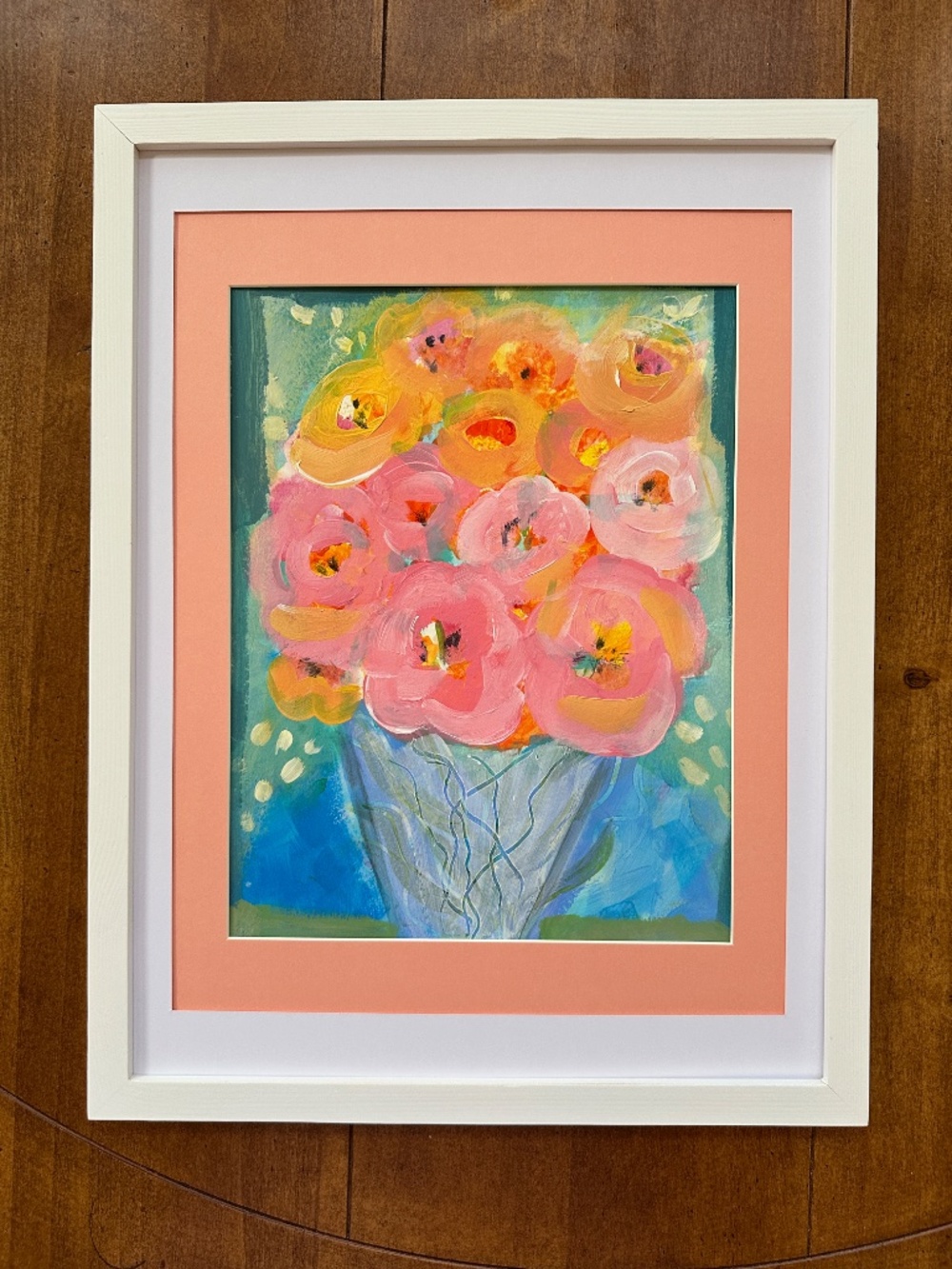 Original Painting Floral Bouquet 9x12 Paper - Pink and Orange Flowers